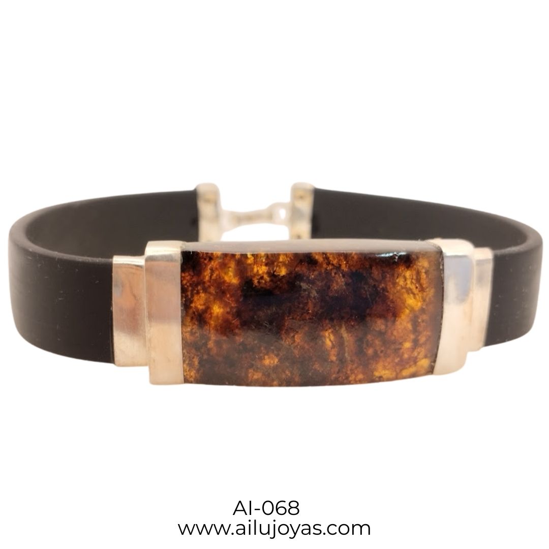 Pulsera para Hombre de Caucho, Ámbar Musgoso y Plata – Vitalidad y Prosperidad
