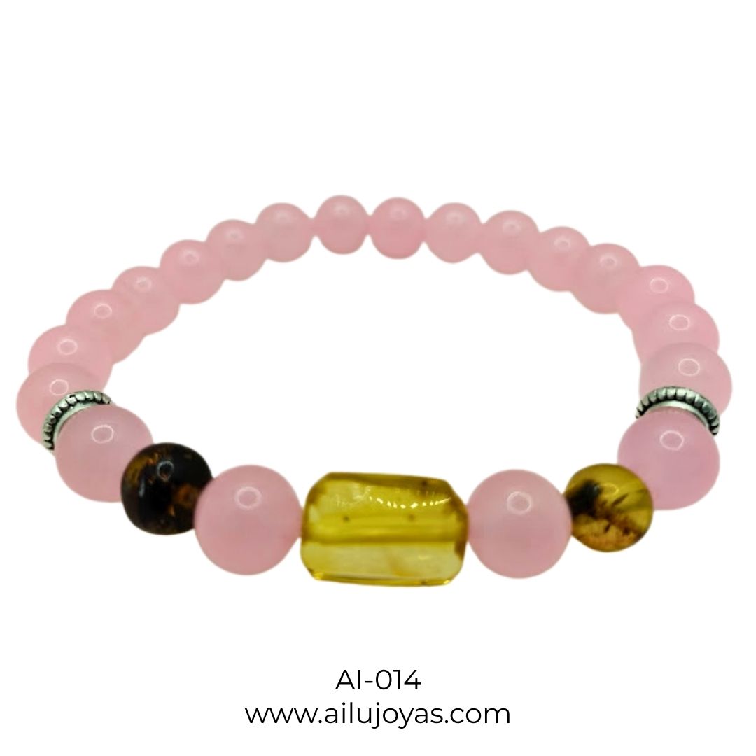 Pulsera Elástica de Cuarzo Rosa y Ámbar – Amor y Vitalidad