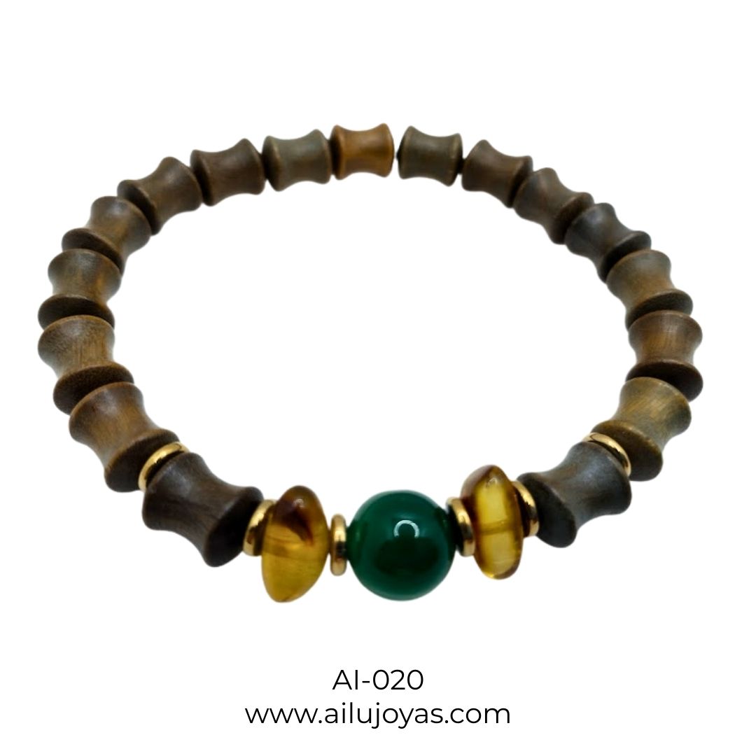 Pulsera de Madera, Ágata y Ámbar para Caballero – Conexión Natural