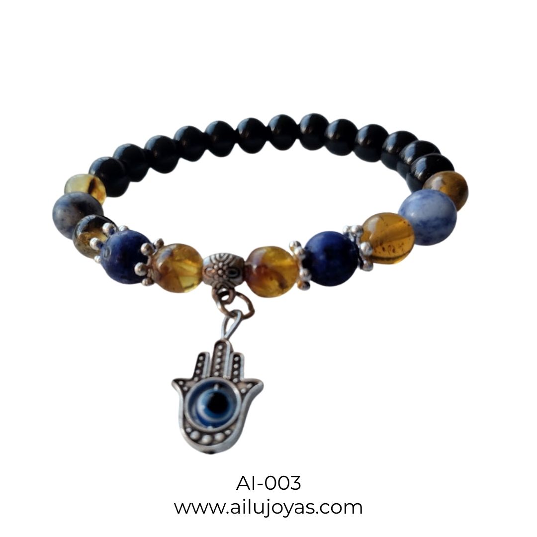 Pulsera de Protección – Mano de Fátima y Piedras Naturales