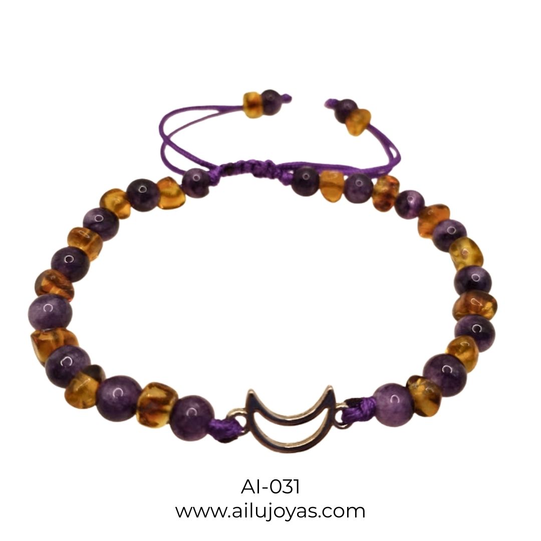 Pulsera de Amatista y Ámbar con Dije de Luna – Intuición y Calma