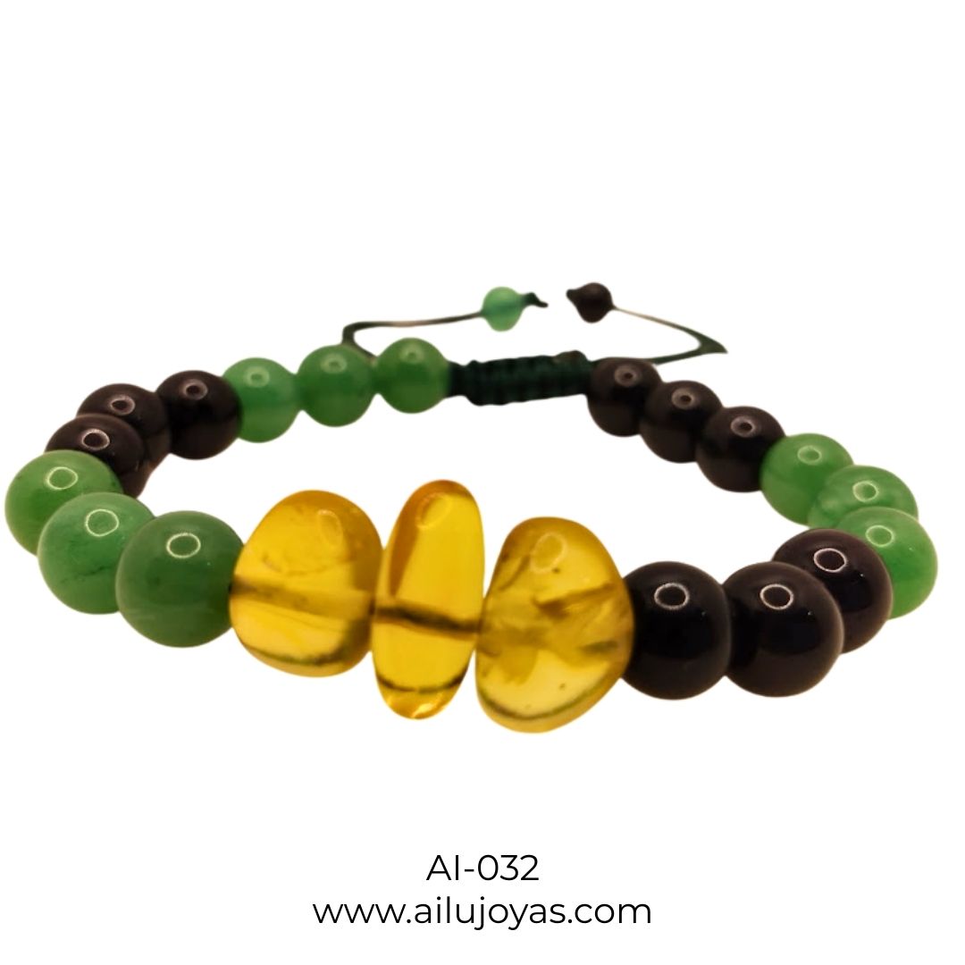 Pulsera de Ónix, Ágata Verde y Ámbar – Equilibrio y Vitalidad