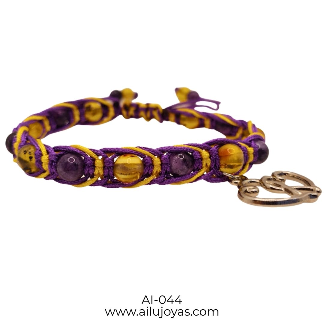 Pulsera Tejida de Amatista, Ámbar y Dije Doble Corazón – Calma y Amor