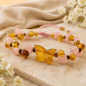 Pulsera Mariposa de Cuarzo Rosa y Ámbar – Transformación y Amor