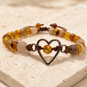 Pulsera Corazón de Cuarzo Lavanda y Ámbar – Calma y Armonía