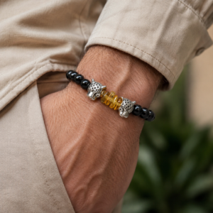 Pulsera de Ónix, Ámbar y Cabezas de Jaguar – Poder y Protección
