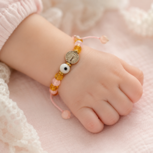 Pulsera de Protección para Bebé – Ámbar, Cuarzo Rosa y Ojo Turco