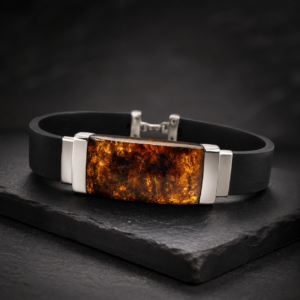 Pulsera para Hombre de Caucho, Ámbar Musgoso y Plata – Vitalidad y Prosperidad